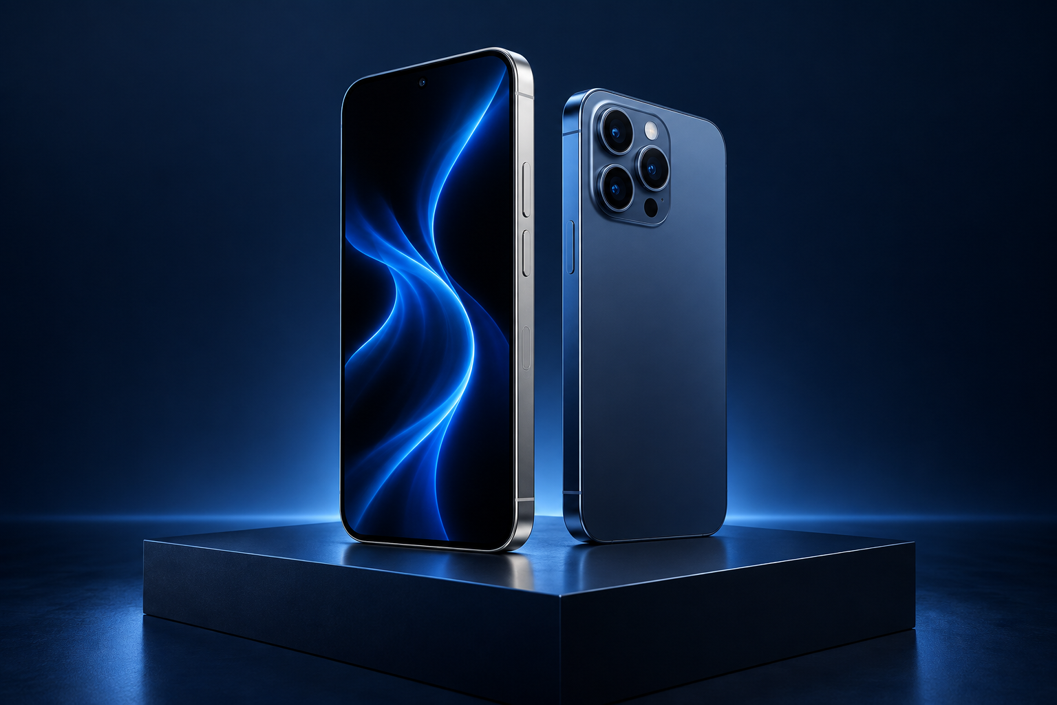 Studio illustration of two premium smartphones in silver and blue