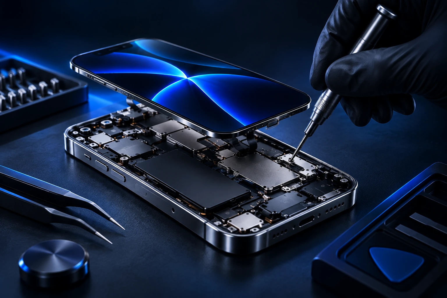Illustration of a careful phone screen replacement on a repair mat