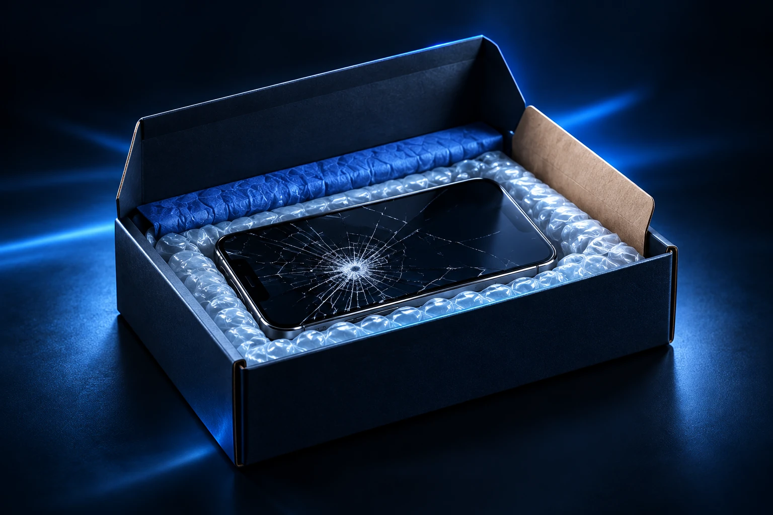 Illustration of a damaged phone protected with bubble wrap in a rigid shipping box
